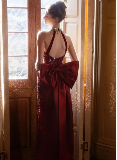 Sparkling Glitter Backless Big Bow  Halter Prom Dress